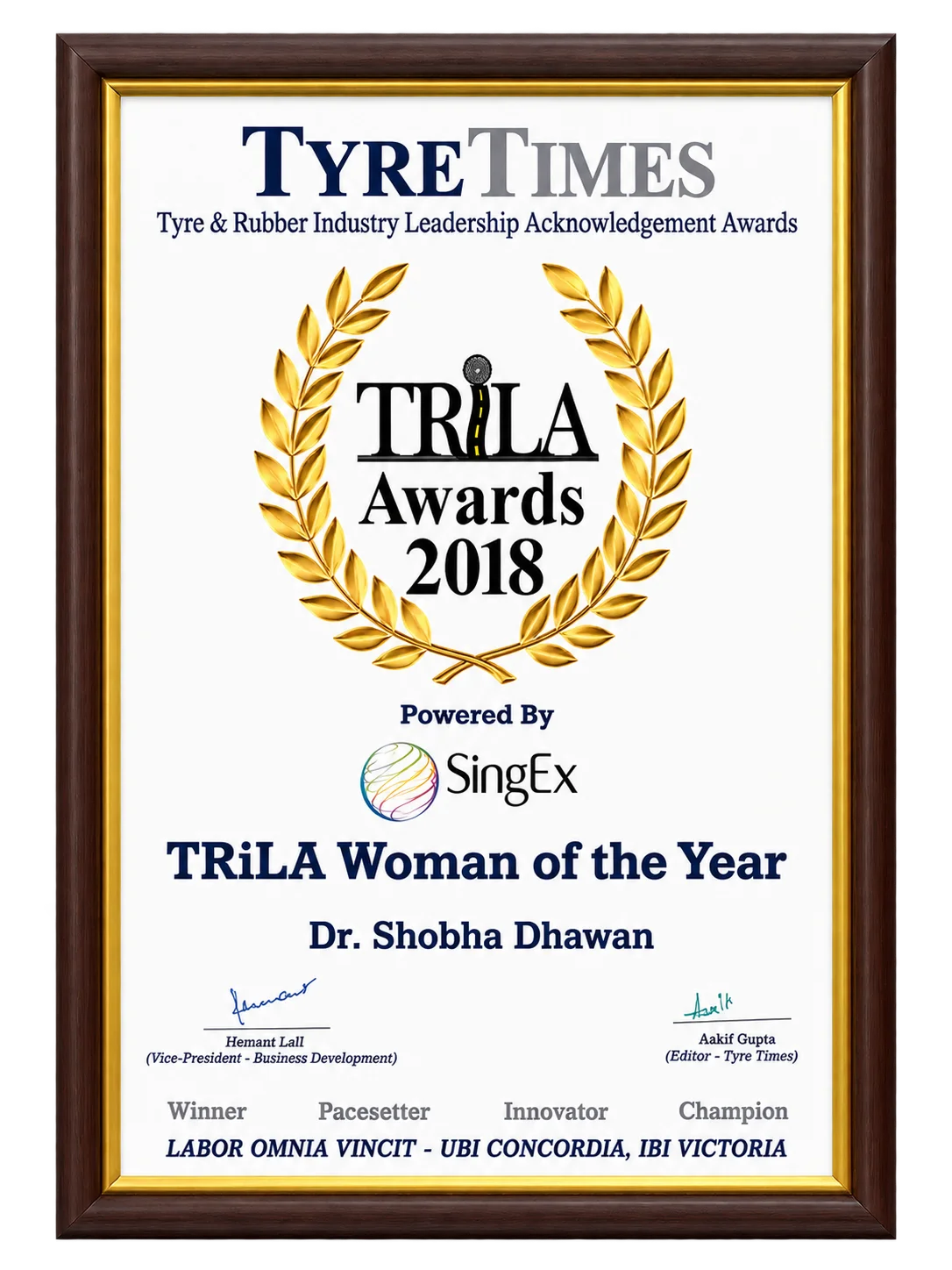 Framed TRiLA Woman of the Year Award